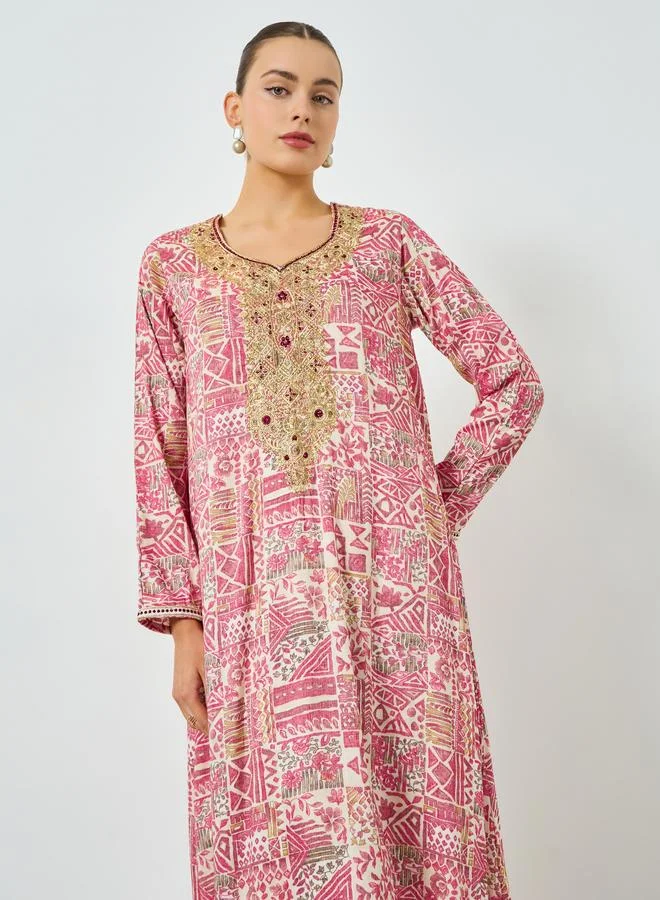 Maxim Creation Pink Printed Embroidered A-Line Jalabiya